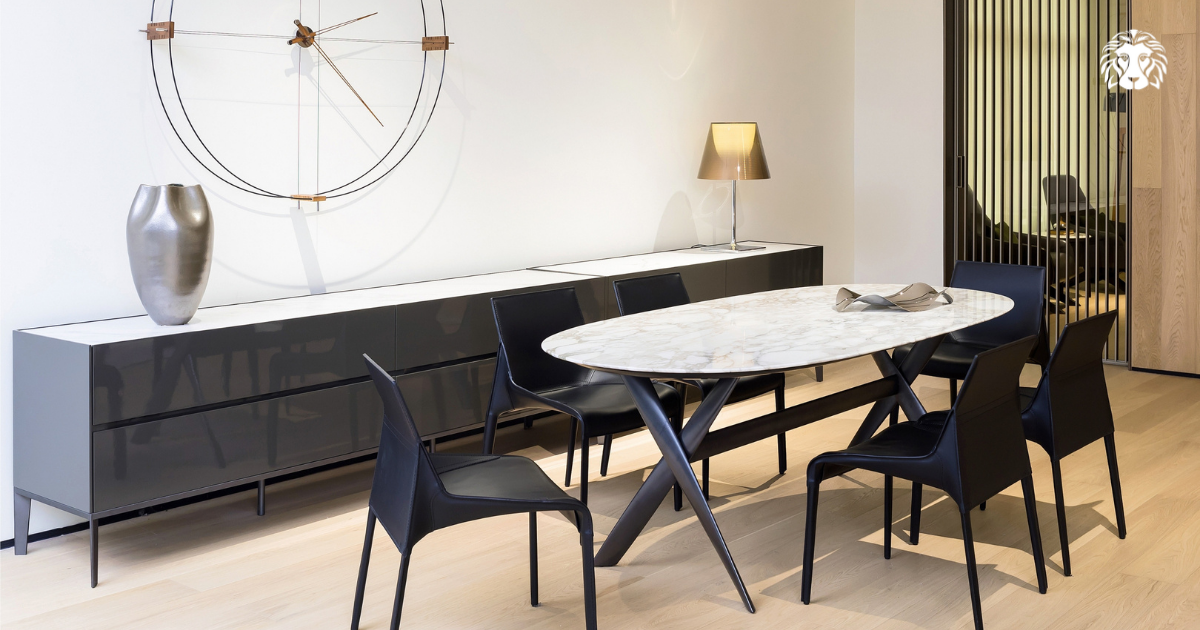 Không gian phòng ăn hiện đại tối giản với bàn ăn mặt đá vân marble trắng