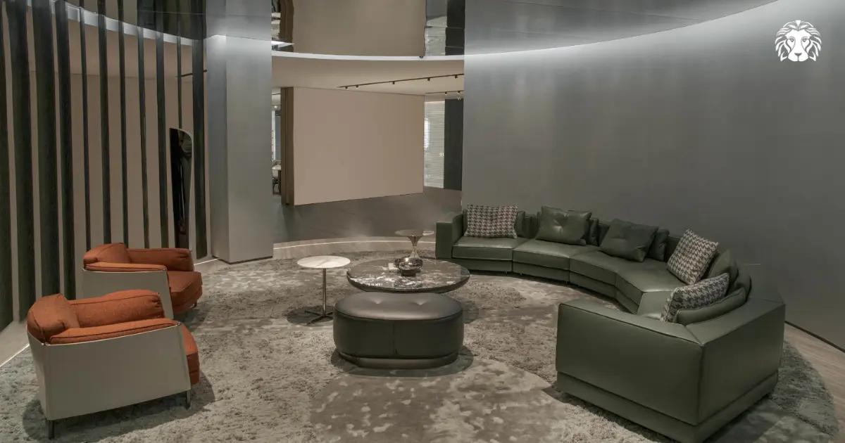 Sofa da phong cách đương đại với gam màu trầm và bố cục tối giản, sang trọng