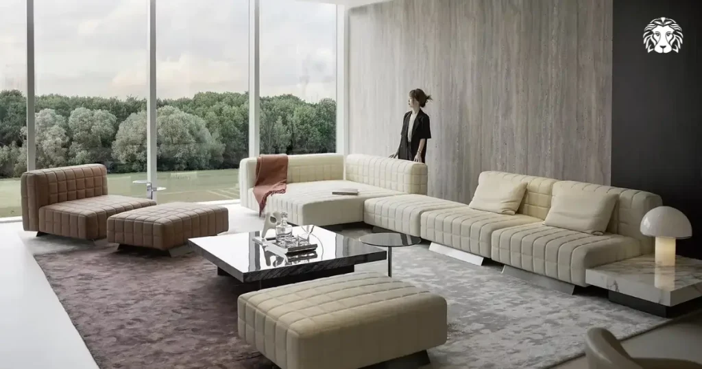 Kê sofa góc tròn hoặc chữ C là lựa chọn phù hợp khi bạn muốn tạo không gian tiếp khách mở và hiện đại