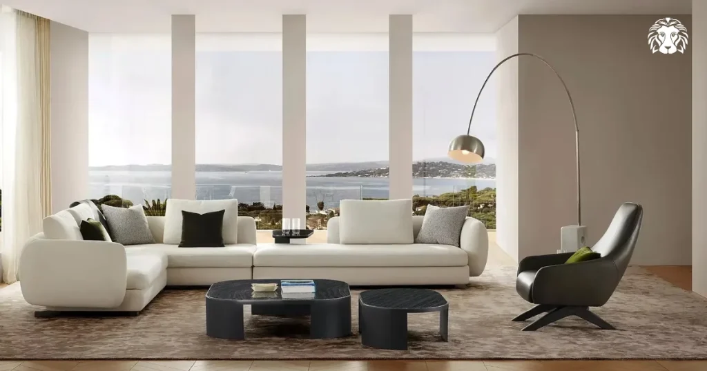 Sofa góc tối giản tập trung vào đường nét thẳng và hình khối rõ ràng