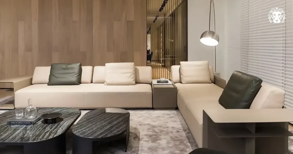 Sofa góc chữ L da nâu tạo sự trang trọng và cảm giác gần gũi