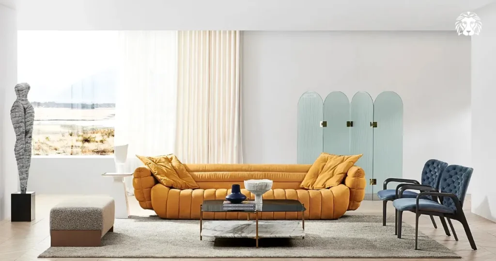 Sofa màu cam kiểu chữ I phù hợp với các căn hộ nhỏ và vừa