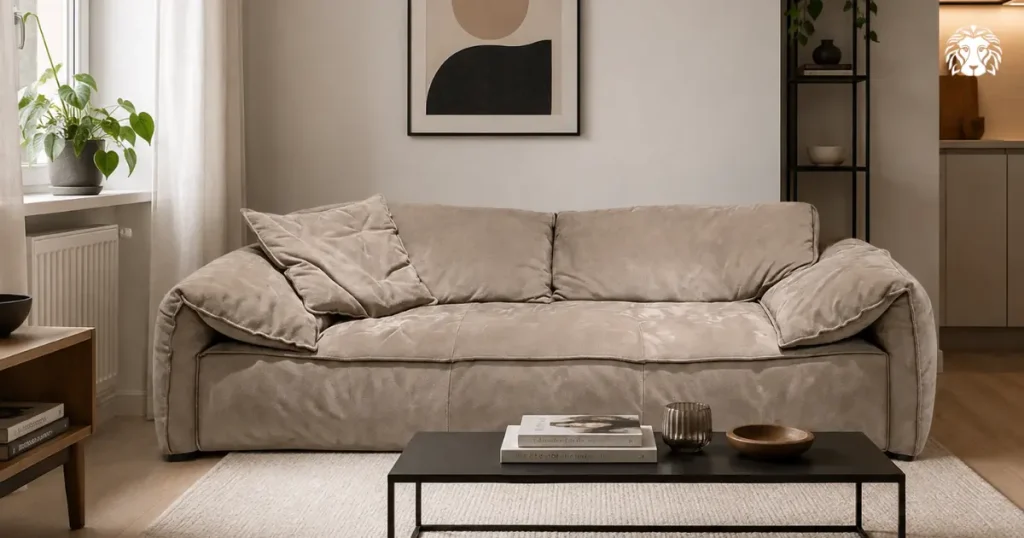 Sắc be xám ấm áp hòa quyện cùng bề mặt da mờ mịn màng của sofa giúp nâng niu không gian sống
