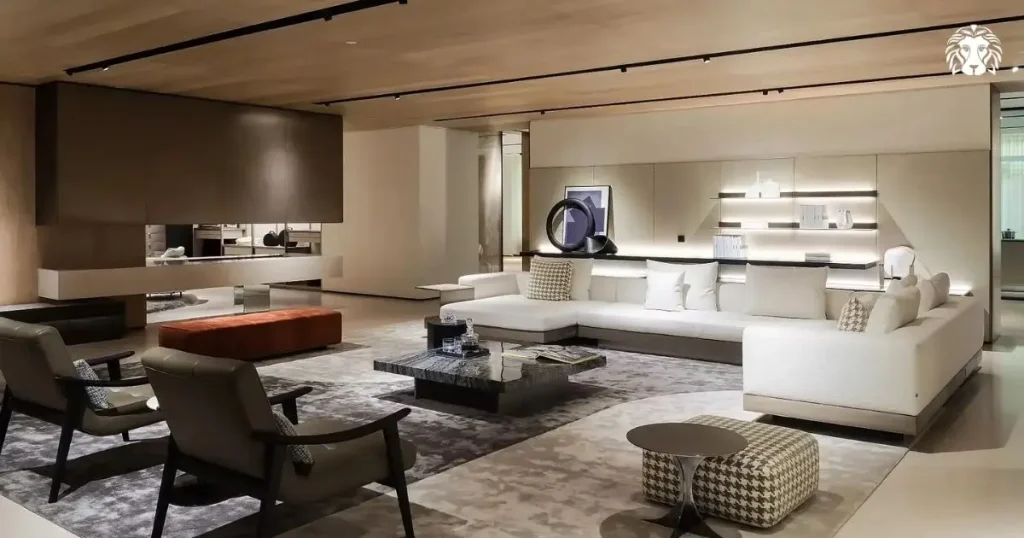 Phòng khách sang trọng kết hợp sofa, bàn trà và nội thất cao cấp