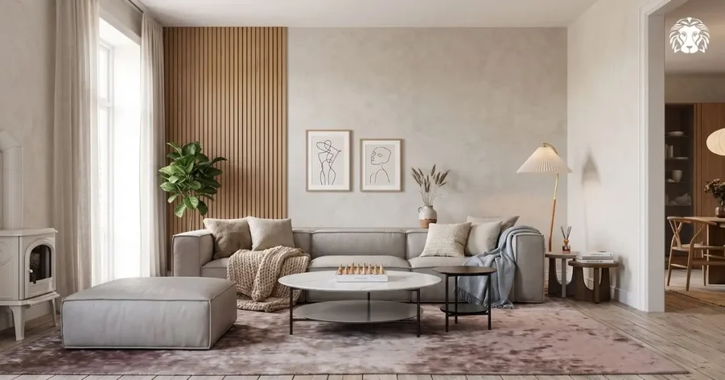 Phòng khách mang phong cách nhẹ nhàng với sofa màu trung tính và nội thất tinh tế