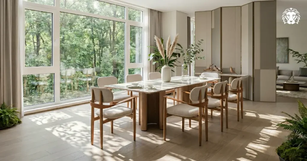 Sắc gỗ sáng, đường nét tối giản và gam màu dịu giúp bộ bàn ăn 8 ghế Bắc Âu giữ được vẻ ấm áp mà vẫn thoáng nhẹ