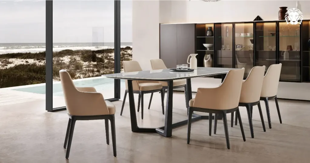 Bàn ăn 8 ghế dáng oval mang lại vẻ mềm mại, thanh thoát và tạo điểm nhấn tinh tế cho không gian ăn uống hiện đại