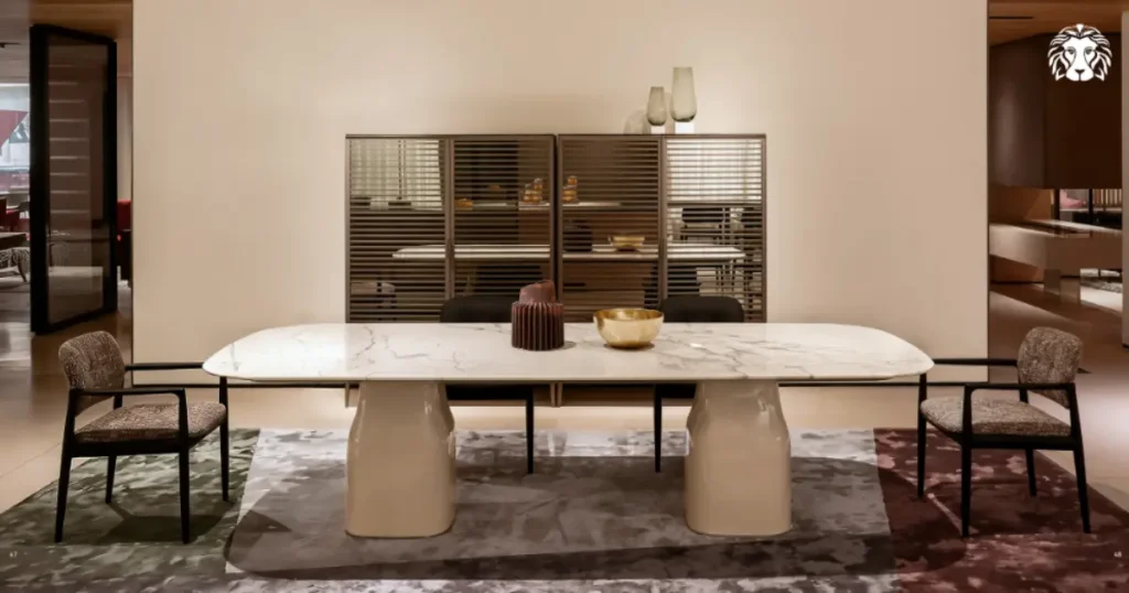 Bàn ăn hình oval tạo cảm giác thanh thoát và hiện đại nhờ các cạnh bo tròn
