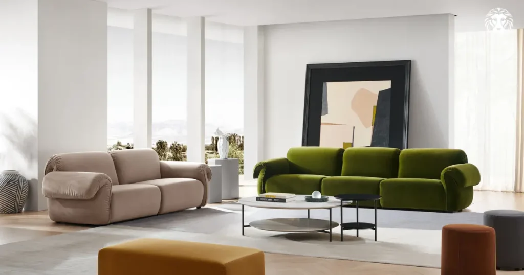Sofa nhung chữ I nổi bật với hiệu ứng bắt sáng sang trọng