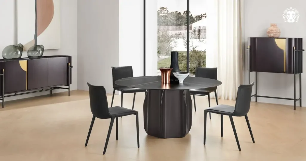 Bộ bàn ăn 4 ghế phong cách hiện đại với đường nét dứt khoát, chất liệu đá chịu lực bền bỉ, mang lại vẻ đẹp thời thượng và ngăn nắp cho căn bếp.