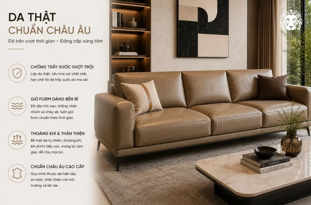 Lớp da thật chuẩn châu Âu giúp chống trầy, giữ form dáng bền bỉ.