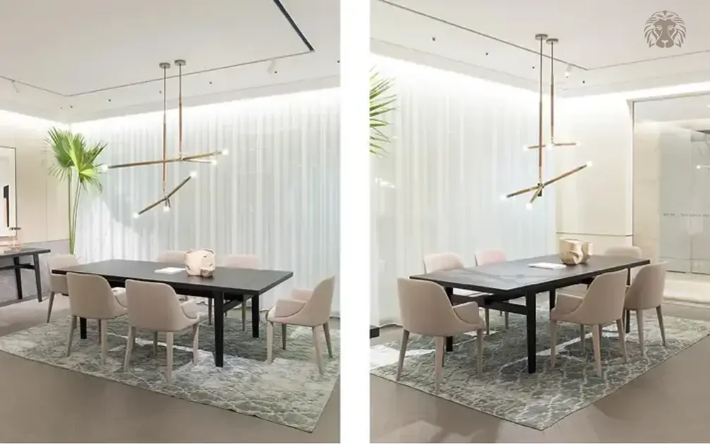 Bàn ăn 8 người hình chữ nhật với kích thước chuẩn giúp bố trí ghế đối xứng hai bên.