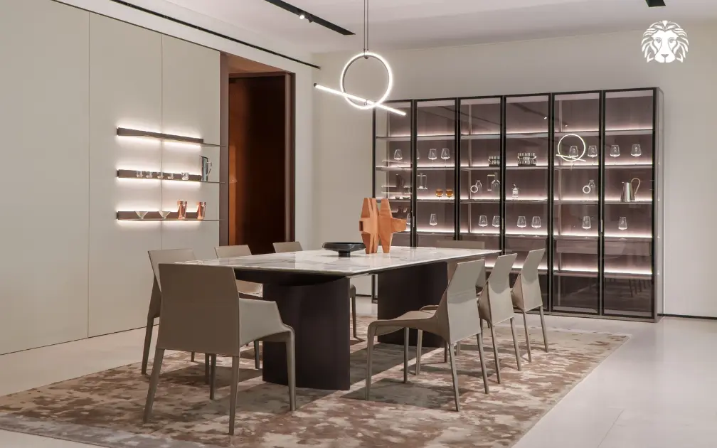 Bàn ăn 10 người hình chữ nhật với kích thước chuẩn giúp bố trí ghế đối xứng và bày nhiều món ăn.
