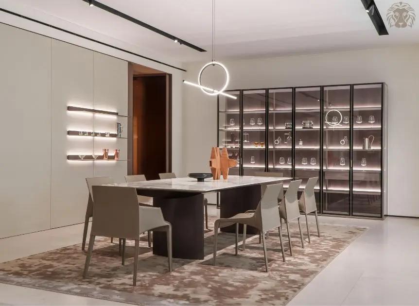 Bàn ăn chữ nhật 10 người với kích thước chuẩn giúp bố trí ghế đối xứng, thoải mái cho từng vị trí ngồi.