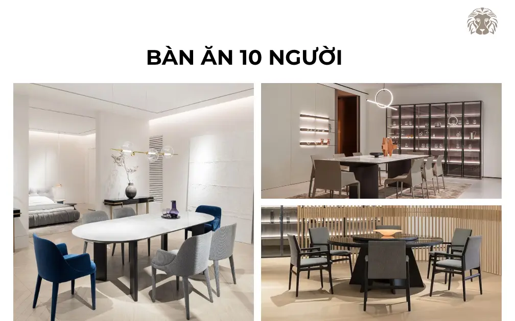 Kích thước bàn ăn 10 người theo bàn tròn, chữ nhật và oval