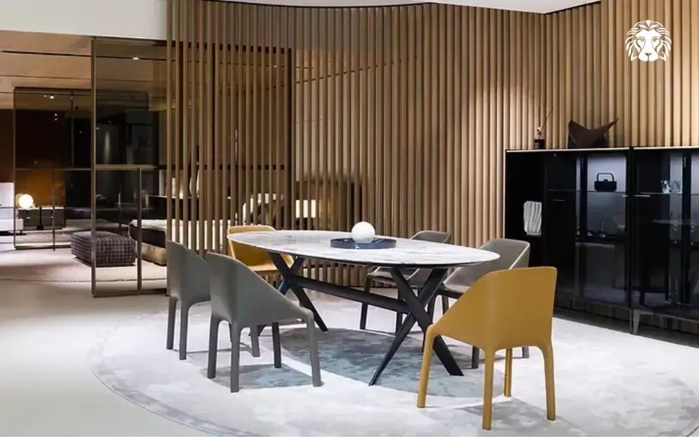 Bàn ăn EARTH gây ấn tượng với sự kết hợp giữa mặt đá tự nhiên và khung thép carbon mang đường nét mạnh mẽ.