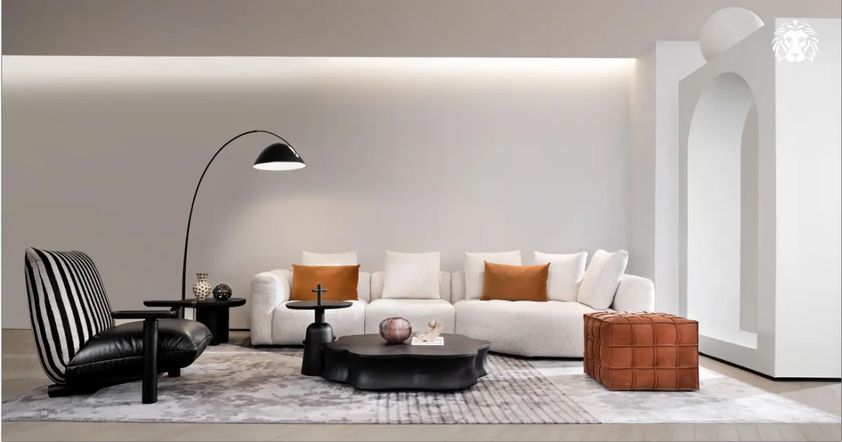 Kết hợp thảm cùng hệ thống ánh sáng giúp định hình khu vực tiếp khách và tăng tính thẩm mỹ cho không gian