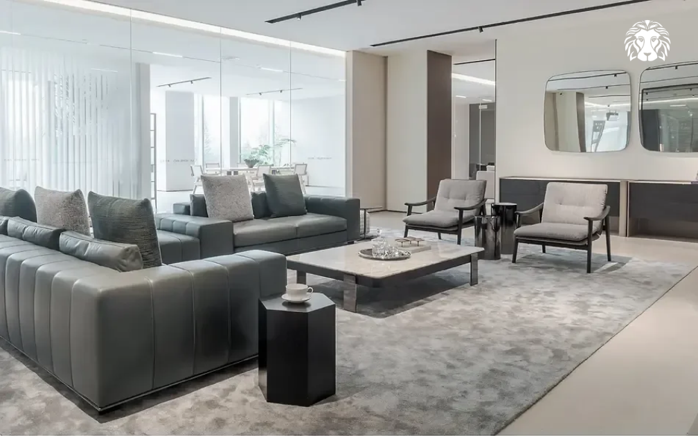 Bàn trà chữ nhật mặt đá có mặt bàn rộng, phù hợp với sofa dài và phòng khách lớn