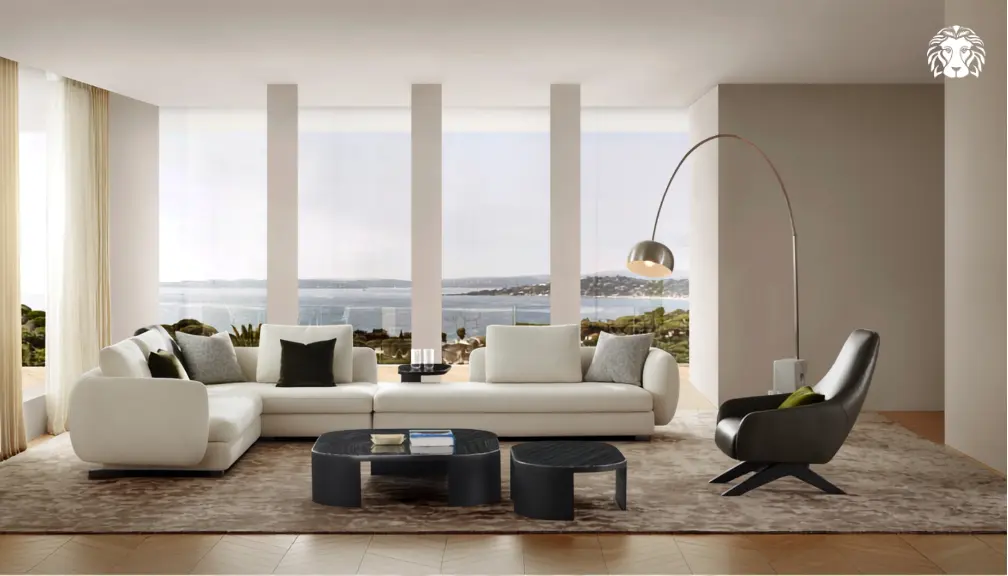 Bàn vuông lọt gọn giữa hai cạnh sofa chữ L, tối ưu khoảng với tay thuận tiện cho mọi vị trí ngồi.