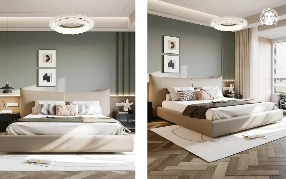 Phối hợp đa dạng sắc độ trung tính như be, xám và nâu gỗ giúp phòng ngủ có giường màu trắng vừa ấm cúng vừa có chiều sâu.
